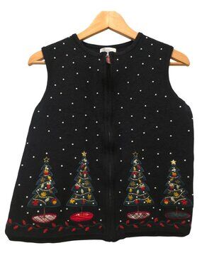 Vintage Charter Club Christmas Tree Scene Wool Zip-Up Black Ugly Xmas Vest M